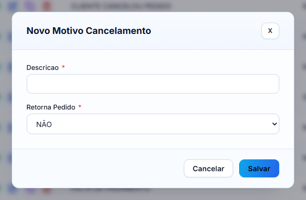Novo motivo de cancelamento