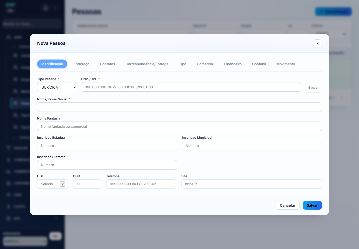 Modal Nova Pessoa na aba Identificação