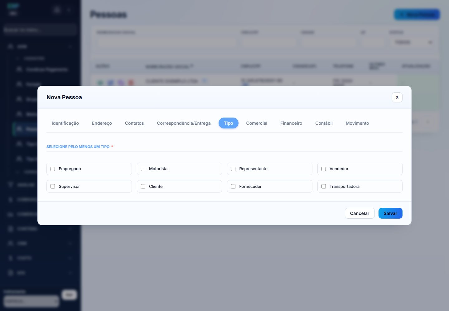 Modal Nova Pessoa na aba Tipo