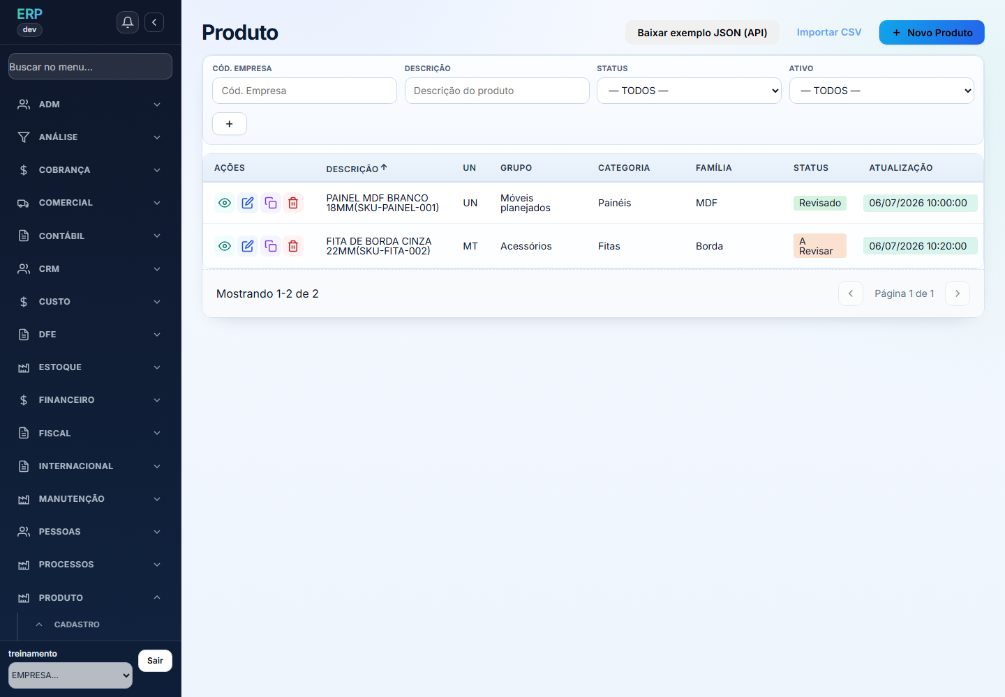 Tela Produto com filtros, lista e botão Novo Produto