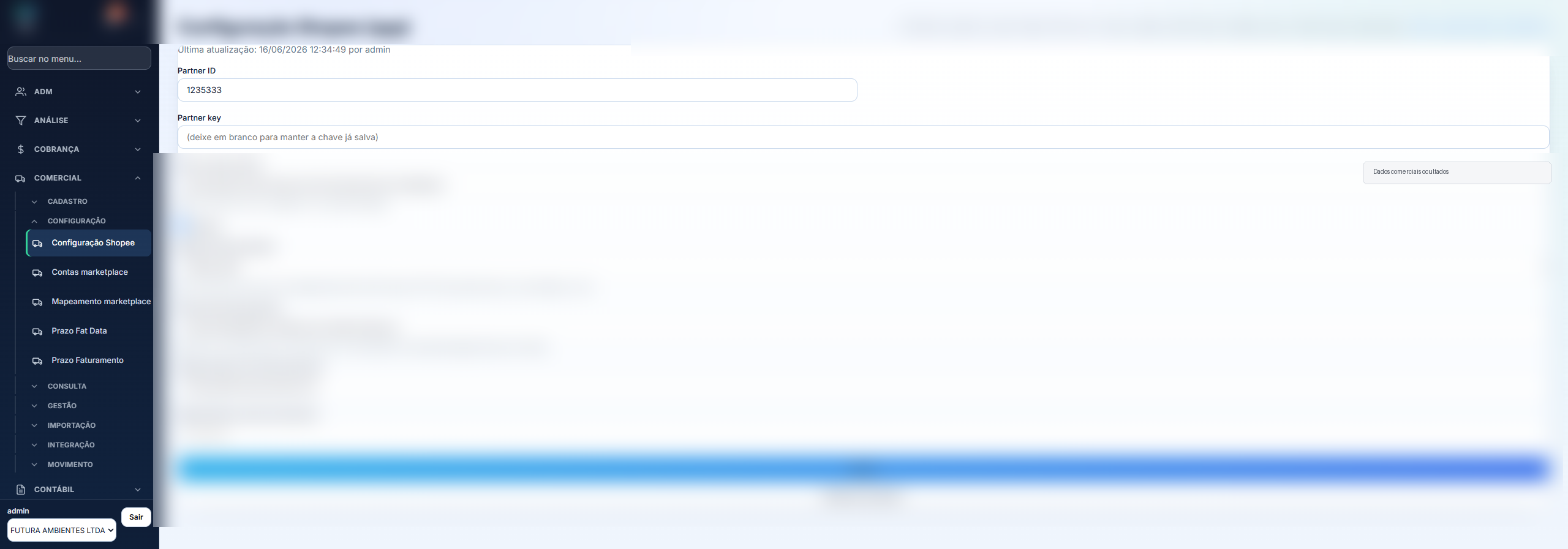 Tela Configuração Shopee